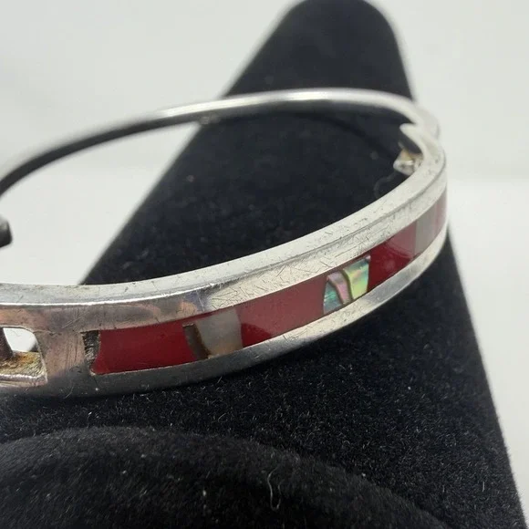 Vintage Mexico 925 Sterling Silver Abalone Red Shell Inlay Hinged Cuff Bracelet - Picture 7 of 16